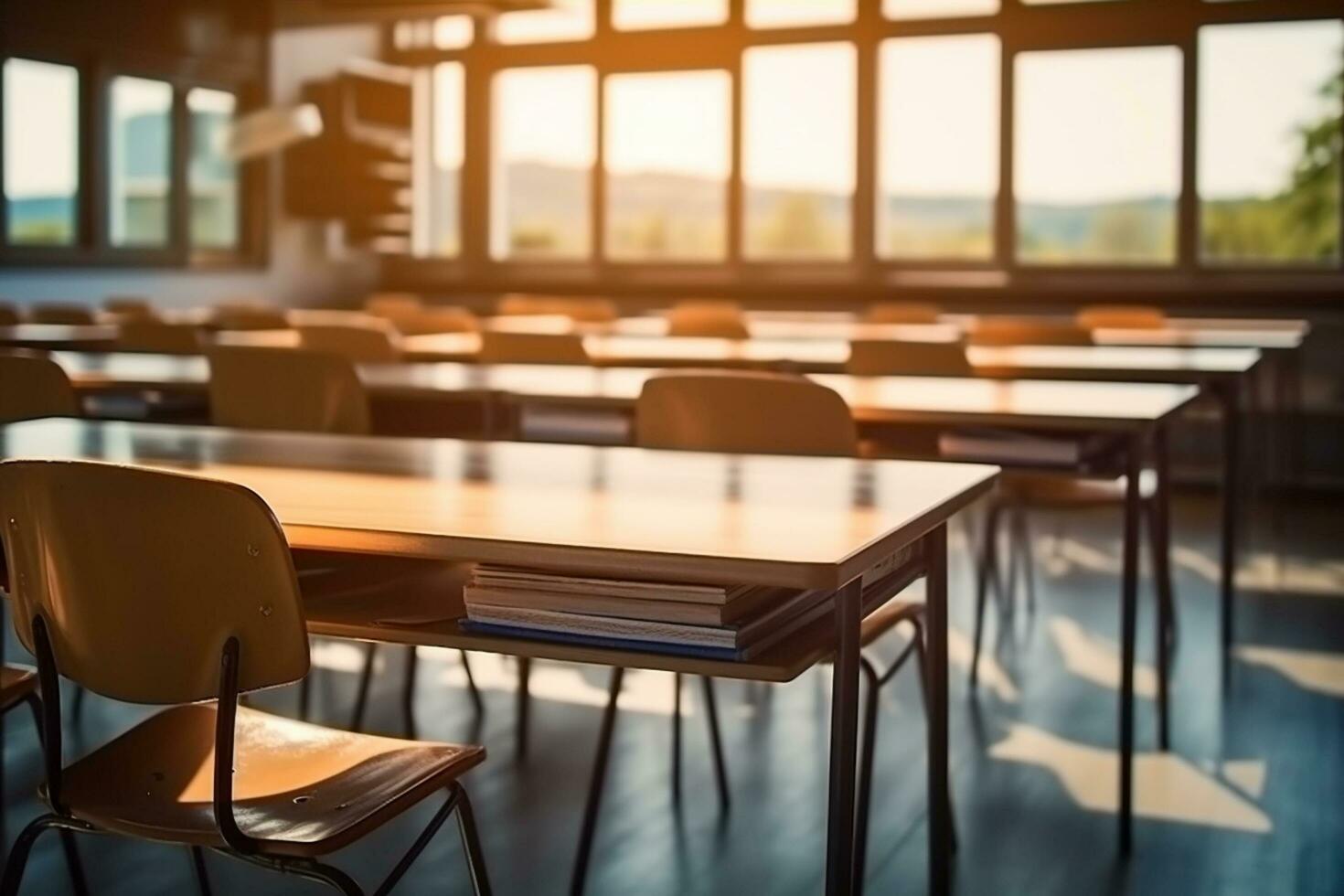 Empty classroom with chairs and tables in school, education and learning concept Ai Generated photo