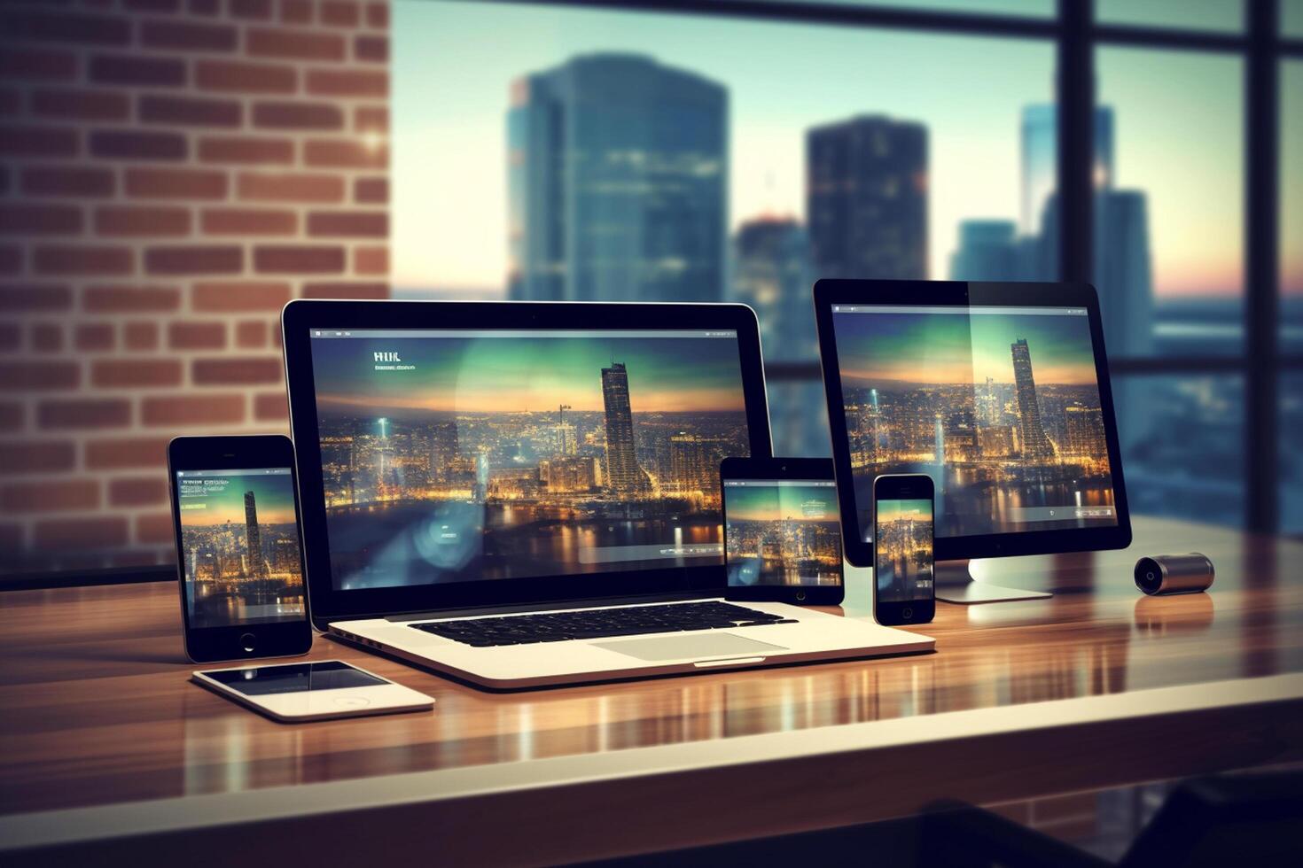 Modern digital devices on table in office with city view. 3D Rendering photo