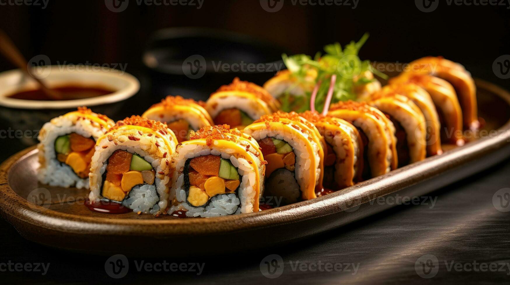 Crunchy maki o a sushi plate in restaurant. Japanese food. Generative Ai photo