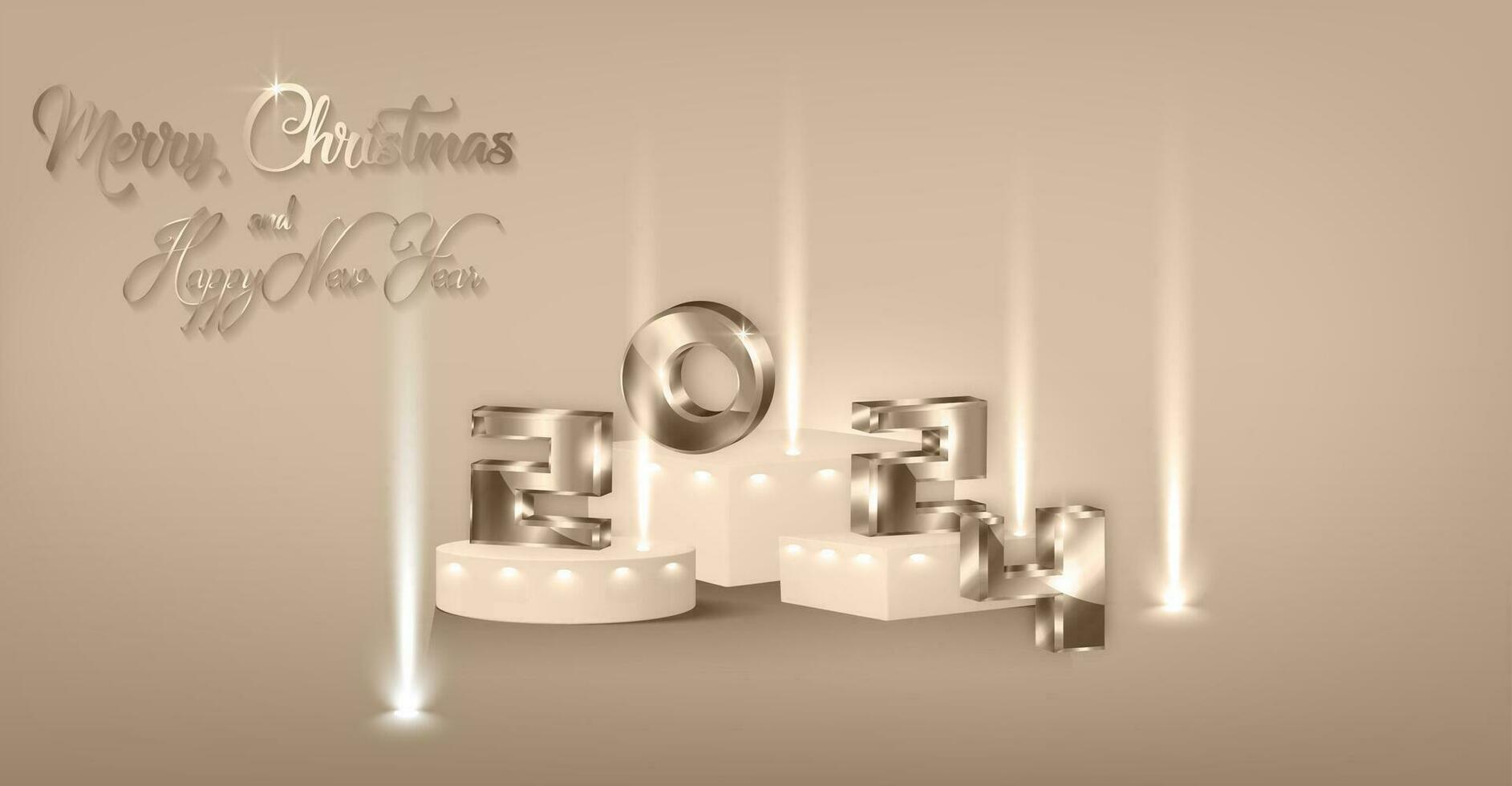 2024 plata 3d números alegre Navidad y contento nuevo año Clásico bandera con luces en 3d plataforma estudio mostrar, pedestal piso. blanco oro etapa escaparate podio, vector lujo antecedentes