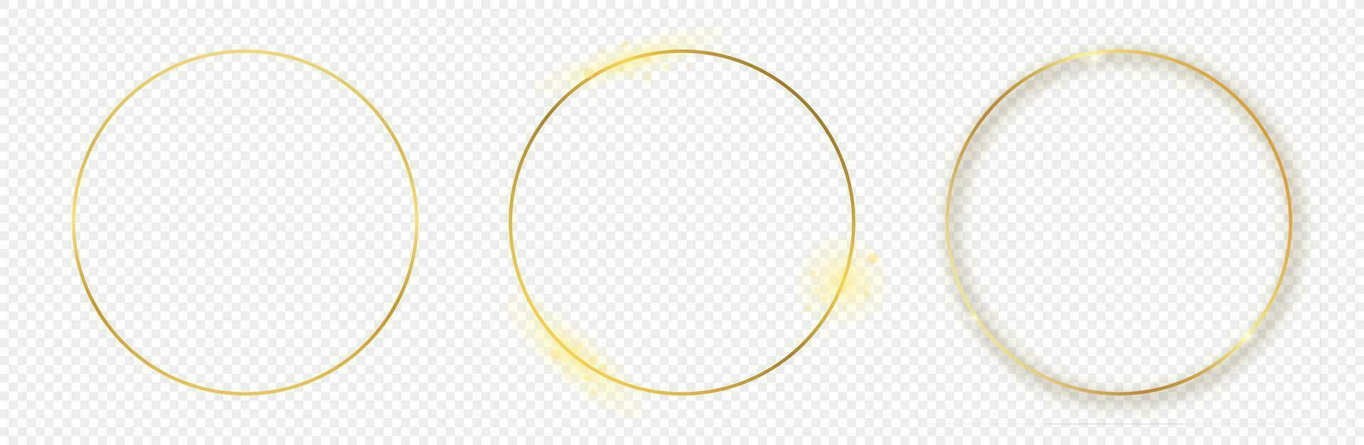 Set of three gold glowing circle frames isolated on background. Shiny frame with glowing effects. Vector illustration.