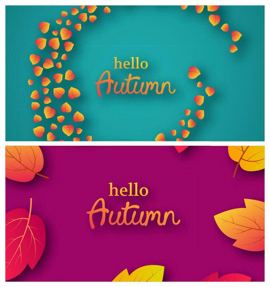 Set of two backgrounds with autumn leaves and place for your text.  Banner design for fall season banner or poster. Vector illustration