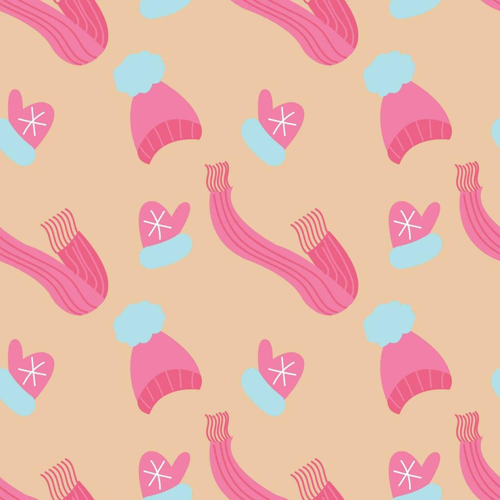 Red hat, scarf and mittens. Seamless pattern. Vector illustration.