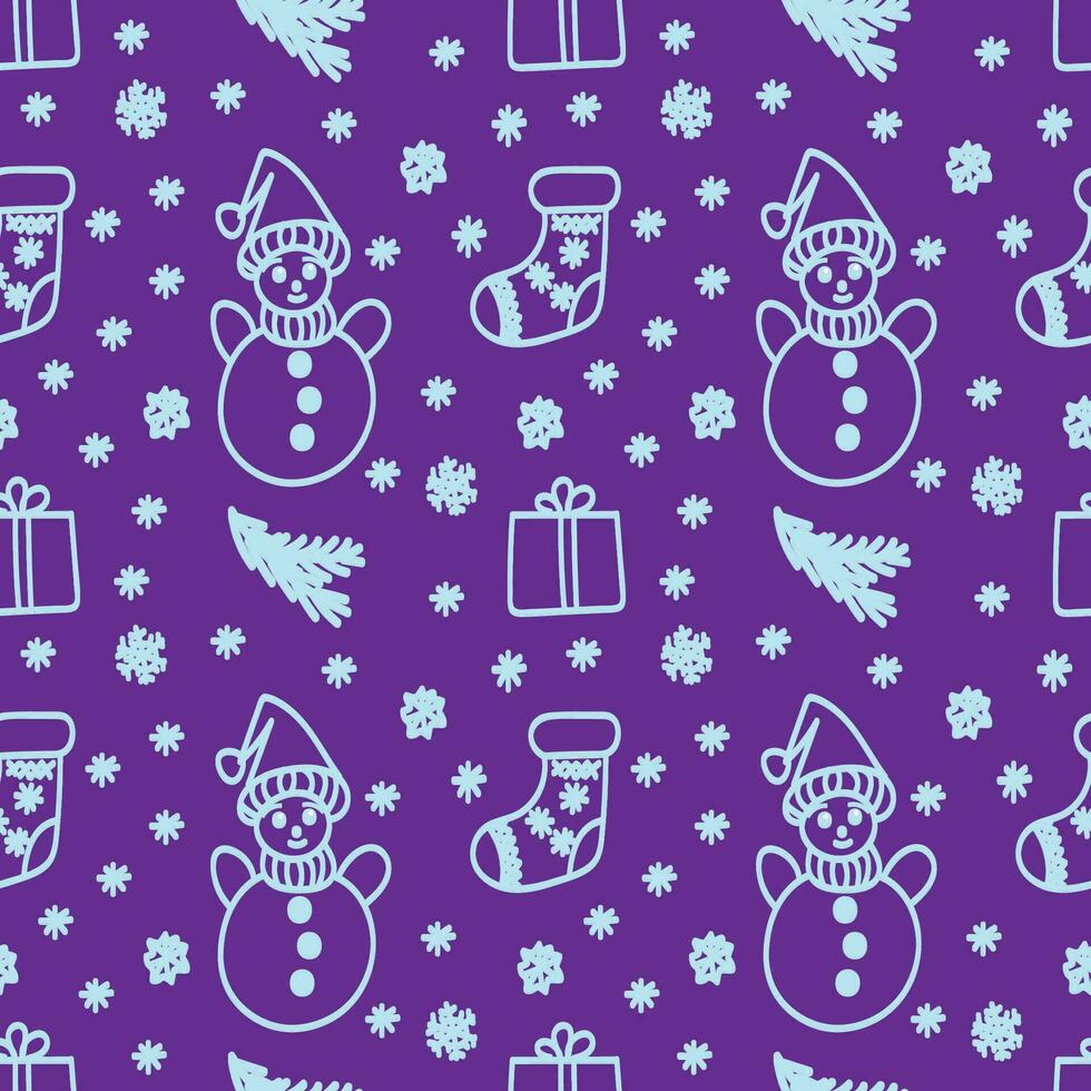Winter pattern in doodle style. Vector illustration. Seamless pattern on a purple background.