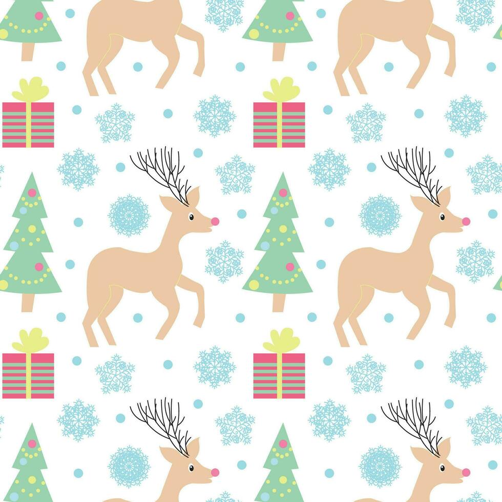 Christmas tree with deer and gifts. Seamless pattern. Vector illustration.