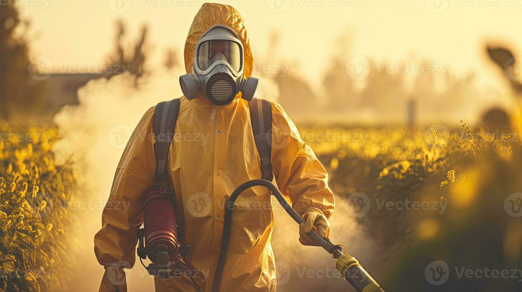 un hombre vestir protector ropa fumigando campo con pesticida o insecticida. generativo ai foto