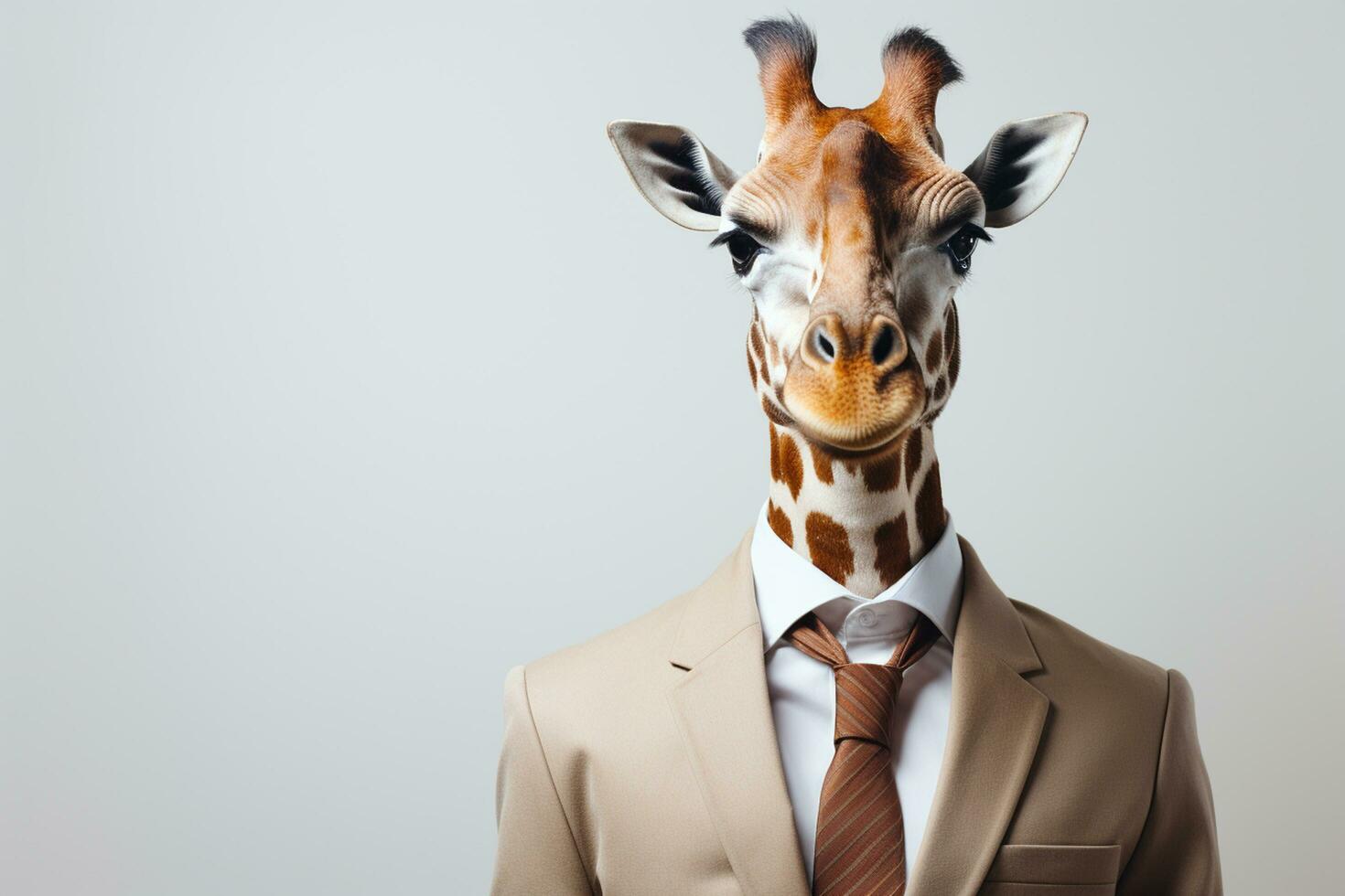 Close up of businessman with giraffe head in suit. Mixed media Ai Generated photo