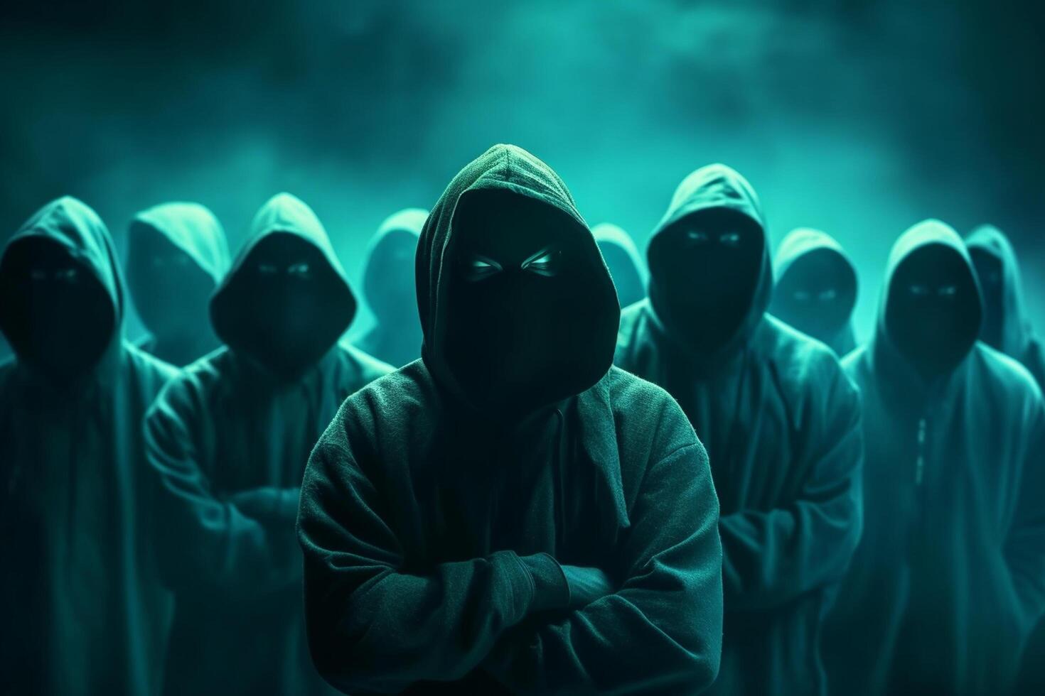 Group of hooded men in a dark forest. Dark background. photo