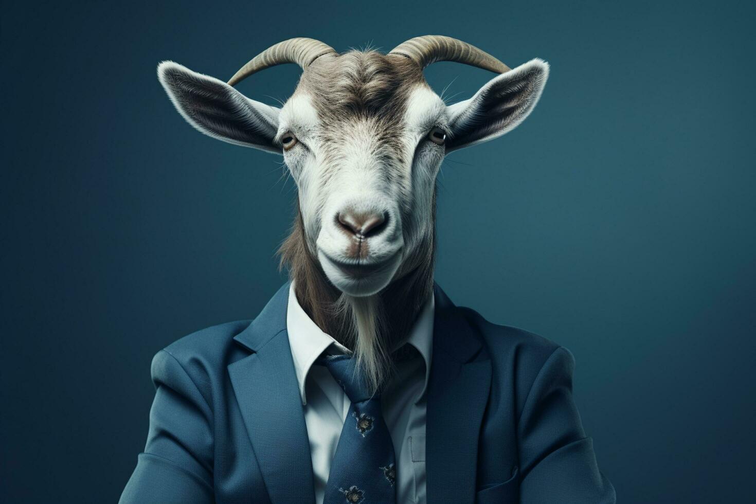 Businessman portrait of goat in suit and tie on isolated dark background Ai Generated photo