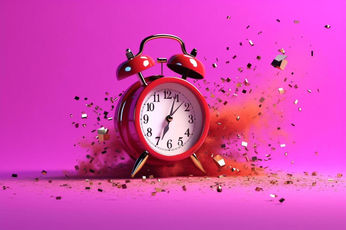 Alarm clock and confetti on pink background. 3d rendering photo