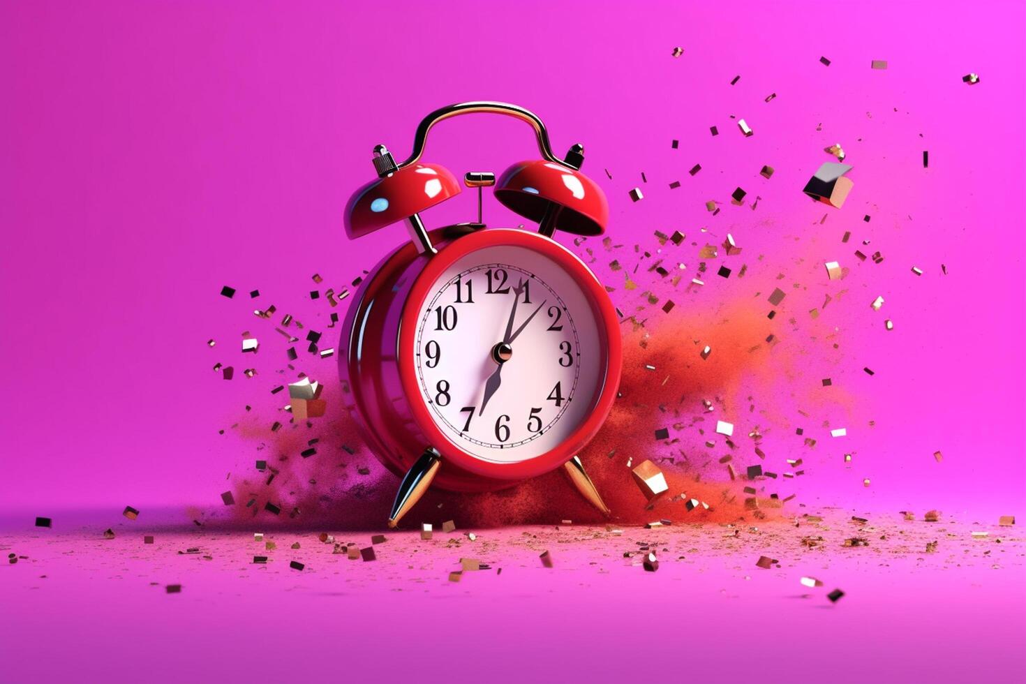 Alarm clock and confetti on pink background. 3d rendering Ai Generated photo