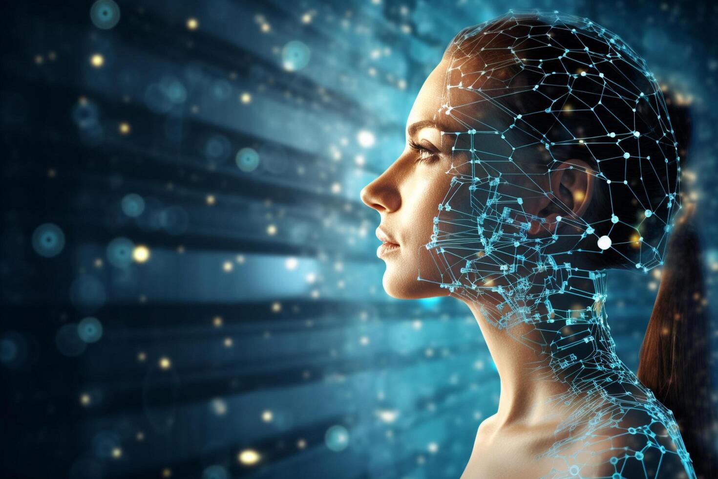 Young woman robot body using tablet pc against abstract glowing background. 3d rendering photo