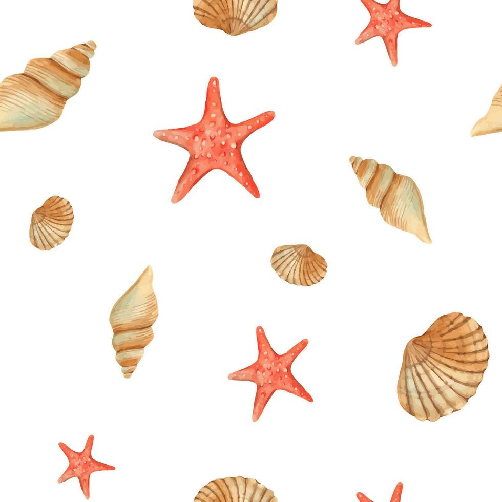 acuarela debajo el mar mano dibujado sin costura modelo con rojo estrella de mar y conchas marinas para tela, textiles, bebé ropa, fondo de pantalla, marina playa diseño vector