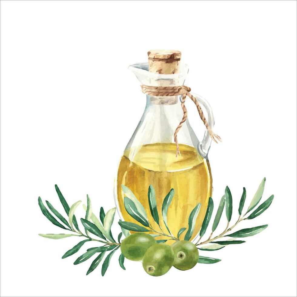 Composition of glass jug with oil and olive branch with green olives. Hand drawn watercolor illustration on a white background. For menu, product and italian, greek, spanish cuisine design vector