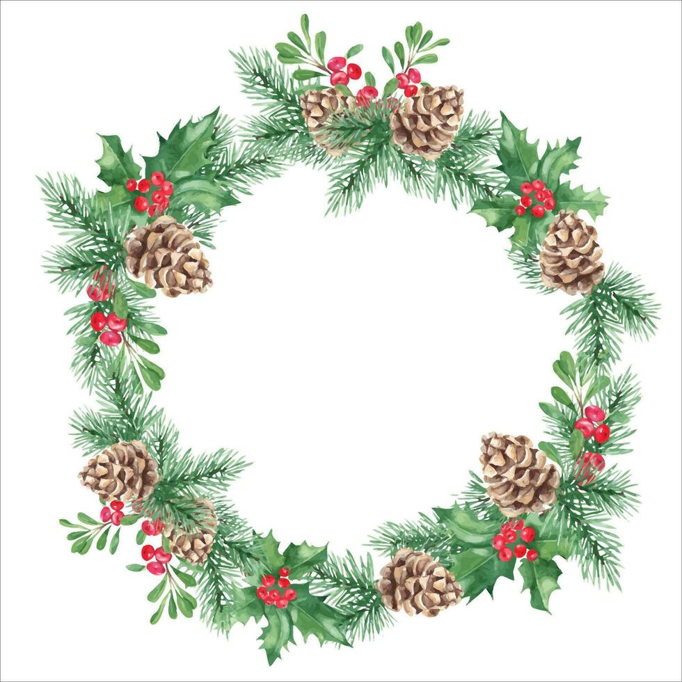 Watercolor hand drawn Christmas wreath. Floral frame with Pine cone and branches, Holly plant with red berries, poinsettia, cowberry, lingonberry. Botanical illustration. Good for cards, prints vector