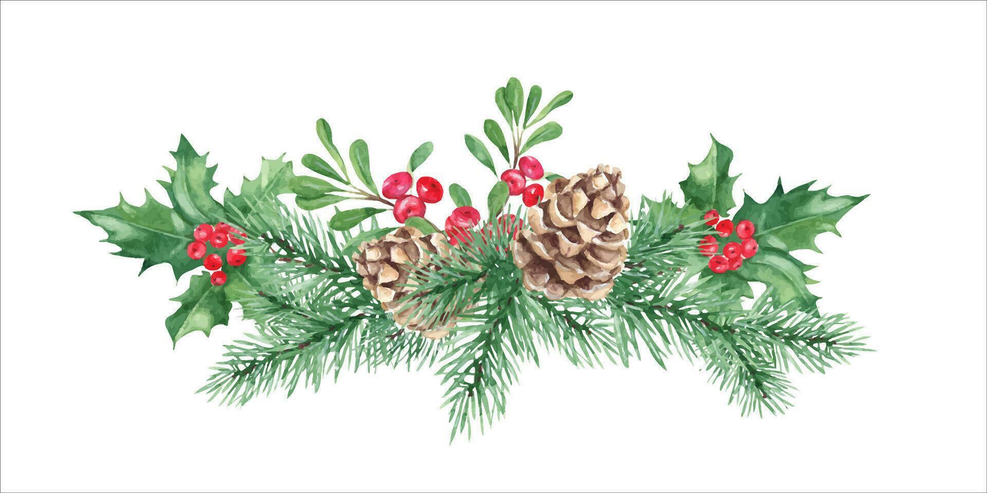 Christmas garland peony bouquet. Forest pine branches with cone, Holly plant with red berries, cowberry, lingonberry. Watercolor hand painted illustration. Good for greeting cards, prints vector