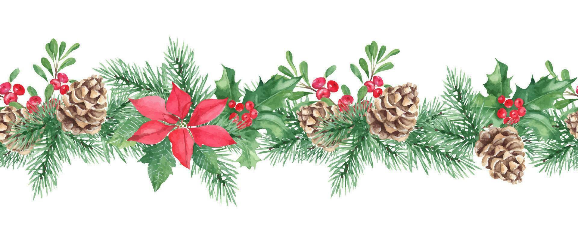 Horizontal watercolor Christmas border pattern. Hand drawn illustration. Pine cone and branches, Holly plant with red berries, poinsettia, cowberry, lingonberry. Can be used for fabric prints vector