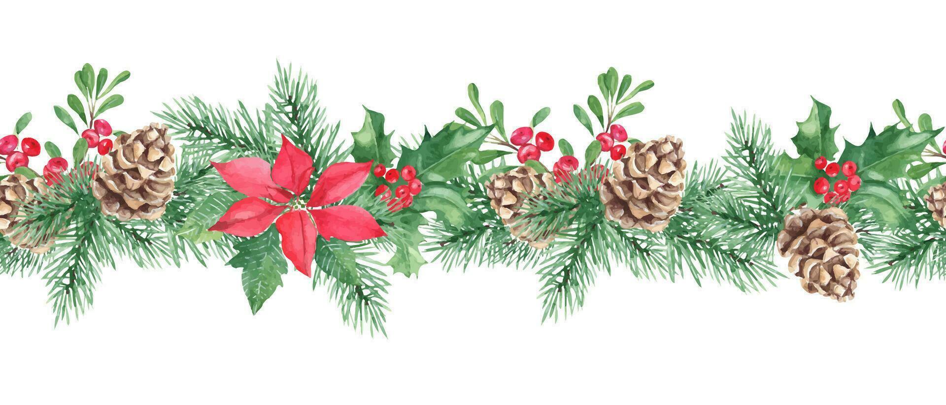 horizontal acuarela Navidad frontera modelo. mano dibujado ilustración. pino cono y sucursales, acebo planta con rojo bayas, flor de pascua, airela, arándano rojo lata ser usado para tela huellas dactilares vector