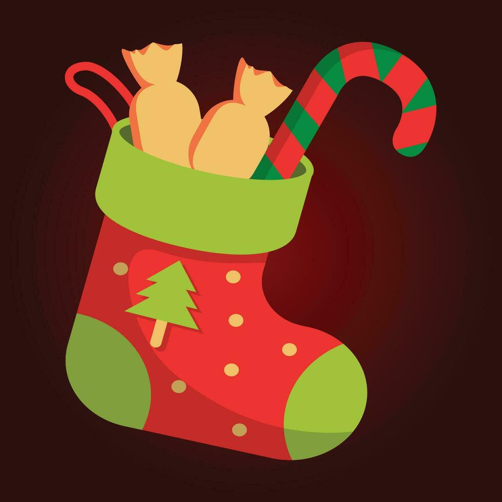 Christmas sock with candy cane and christmas tree. Vector illustration.