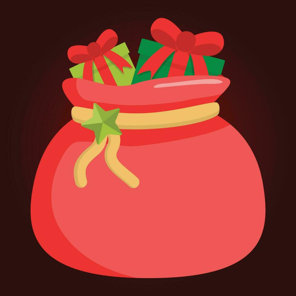 Vector illustration of a red Santa Claus bag with gifts and ribbons.