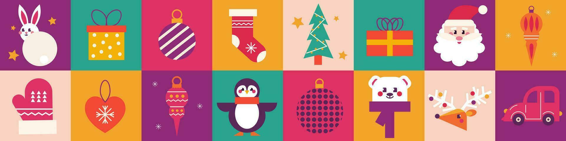 Navidad moderno de moda diseño, Navidad árbol, regalos, invierno elementos y nuevo años decoraciones vector ilustración en plano geométrico estilo