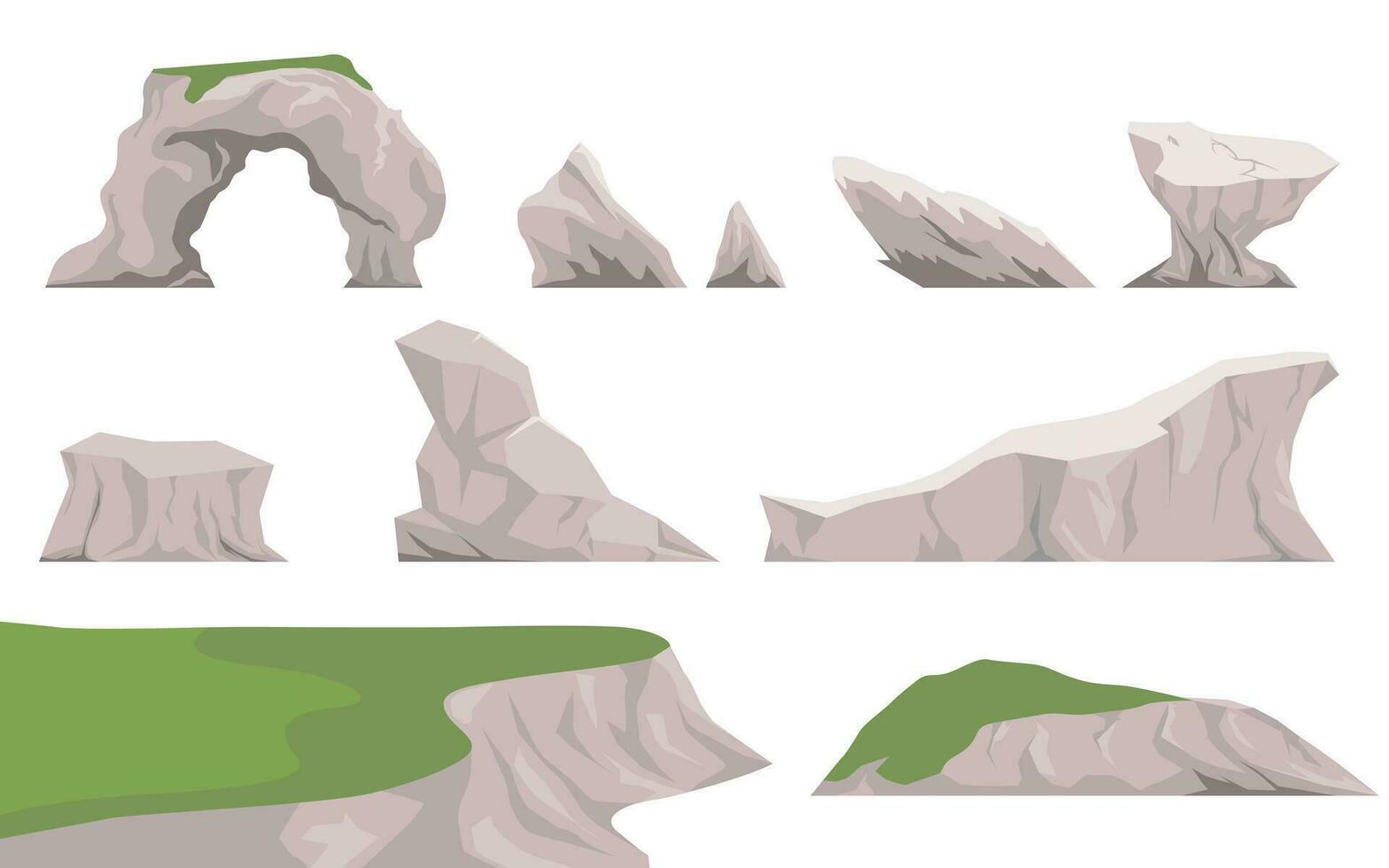 Set of rocks, hills, cliffs, mountains peaks and stones. Rocky landscape elements vector
