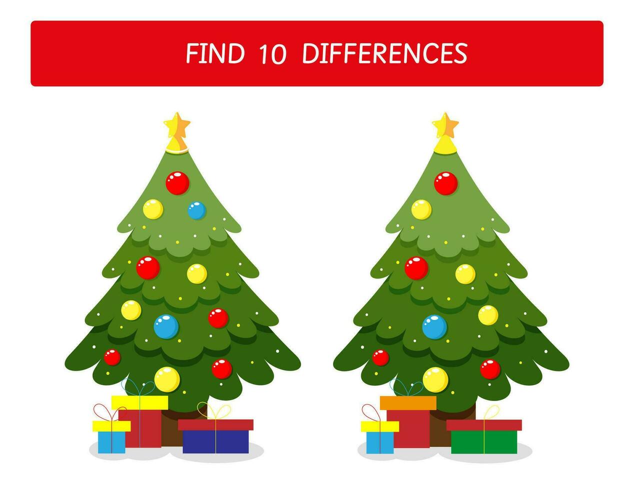 Christmas worksheet for kids. Find 10 differentes between two Christmas trees educational game vector