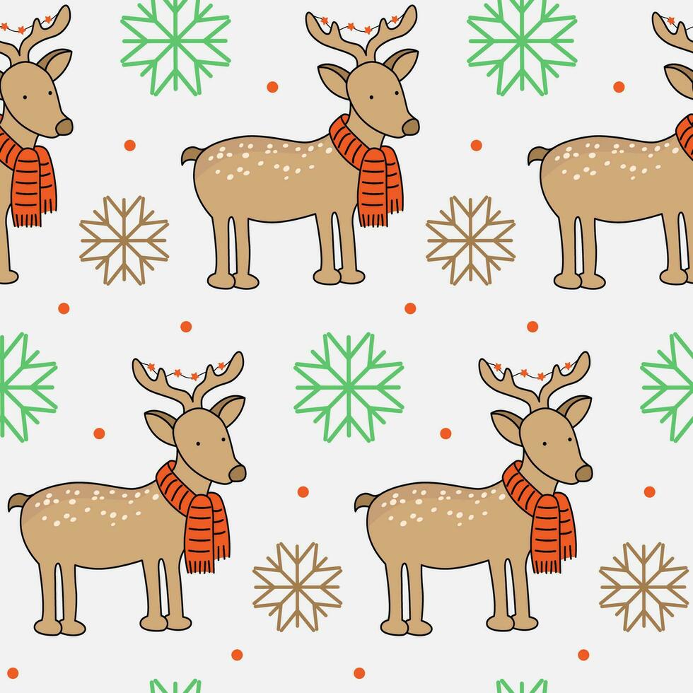 Christmas deer seamless pattern. Vector illustration of animal with holiday decorations. Drawing of stag with winter scarf and festive garland on horns. New year background with snowflakes.