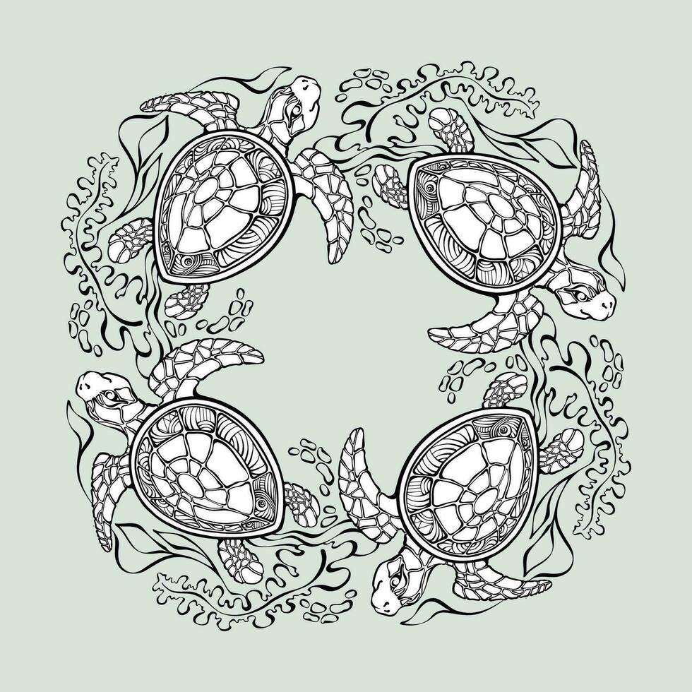 The circular ornament with turtles and seaweed. Vector linear design.
