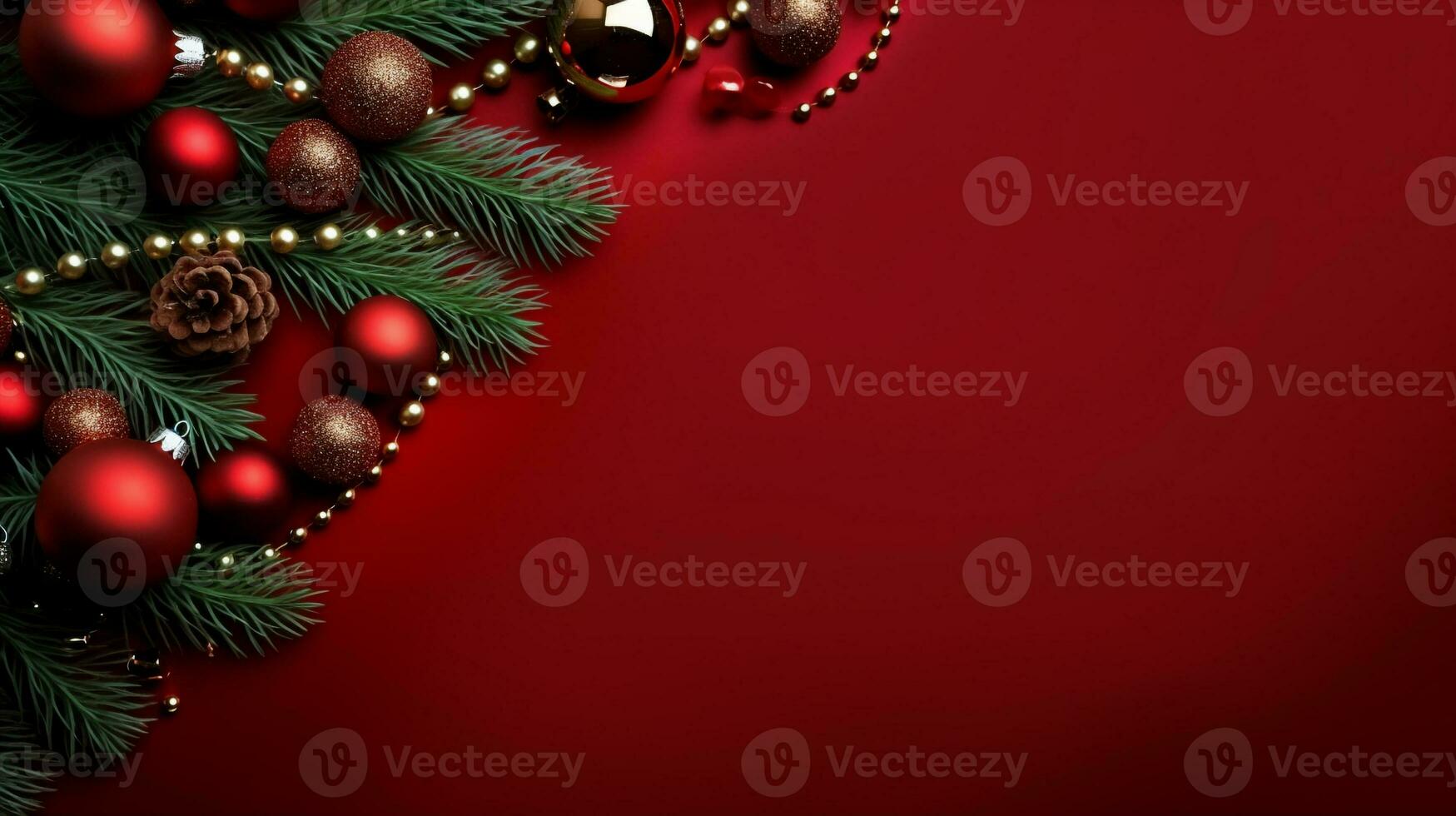 rojo fondo, decorado con Navidad pelota, Copiar espacio parte superior vista, lujoso decoración antecedentes ai generado foto