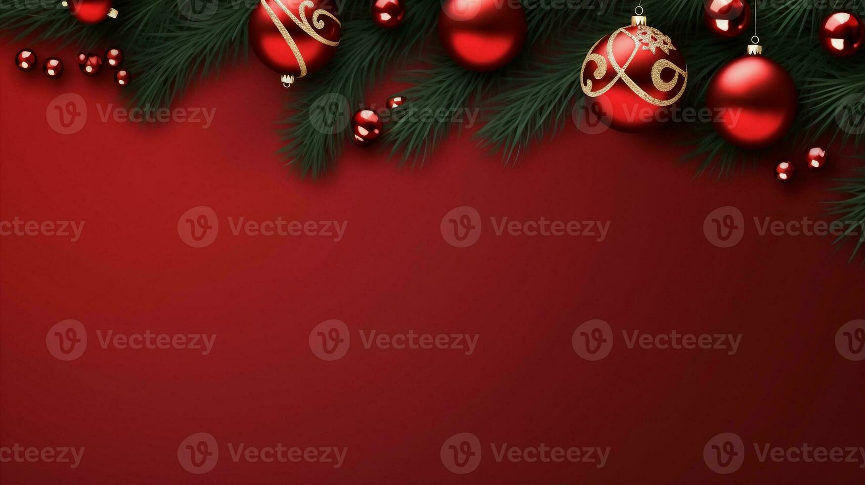 Red background,decorated with christmas ball, copy space top view, luxurious decoration background AI Generated photo