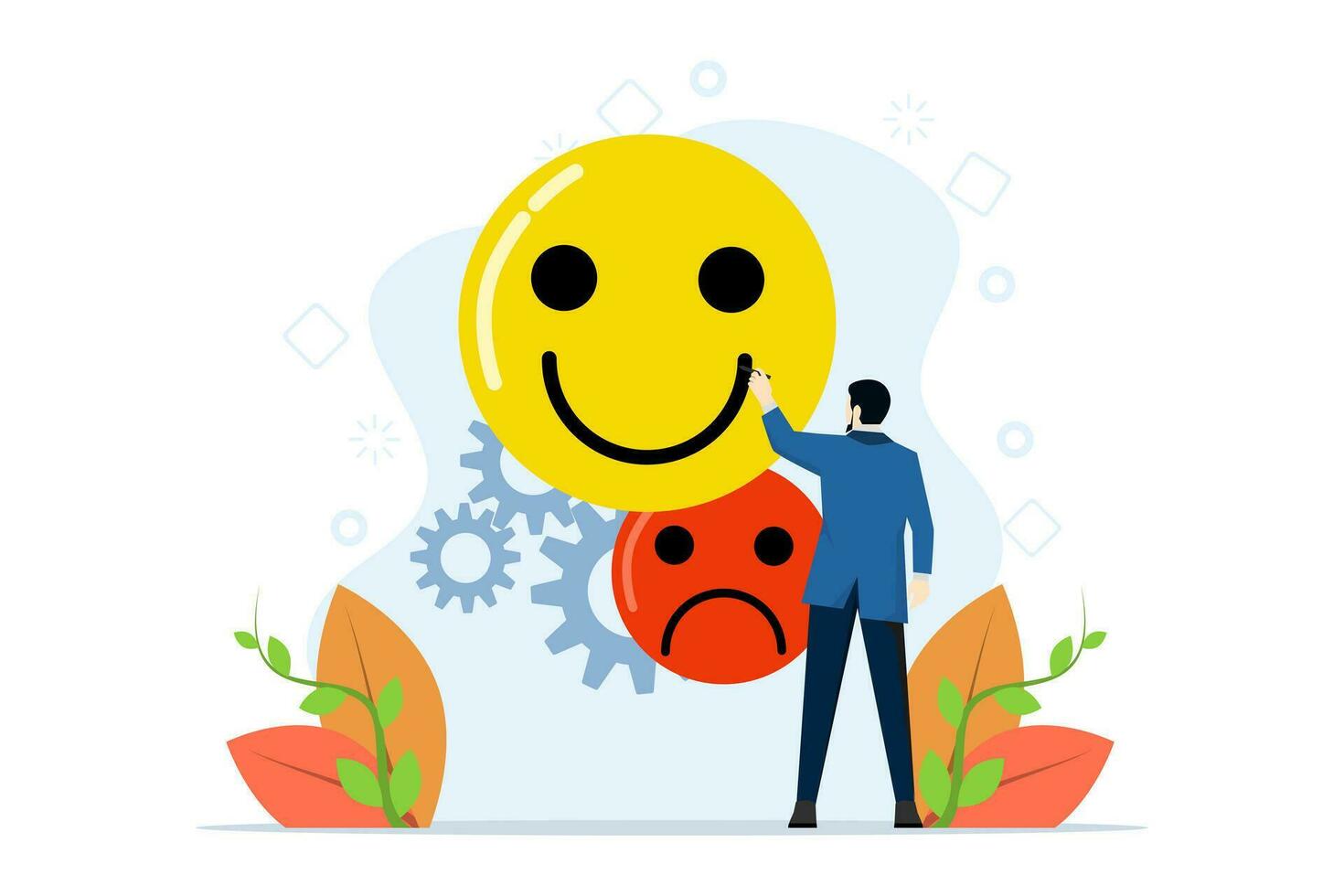 concept of balance of happiness and sadness. Optimistic, happy, or optimistic thoughts to inspire people, emotional intelligence, Men depicting feelings from sad to happy. flat vector illustration.