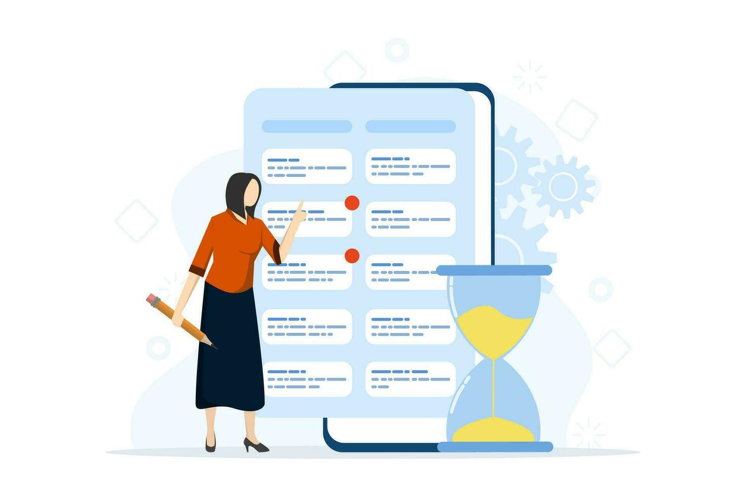 Time management concept of schedule, deadline, planner, planning and organization, man organizes workflow and makes daily to-do list, marking dates or tasks on calendar, time management scene. vector