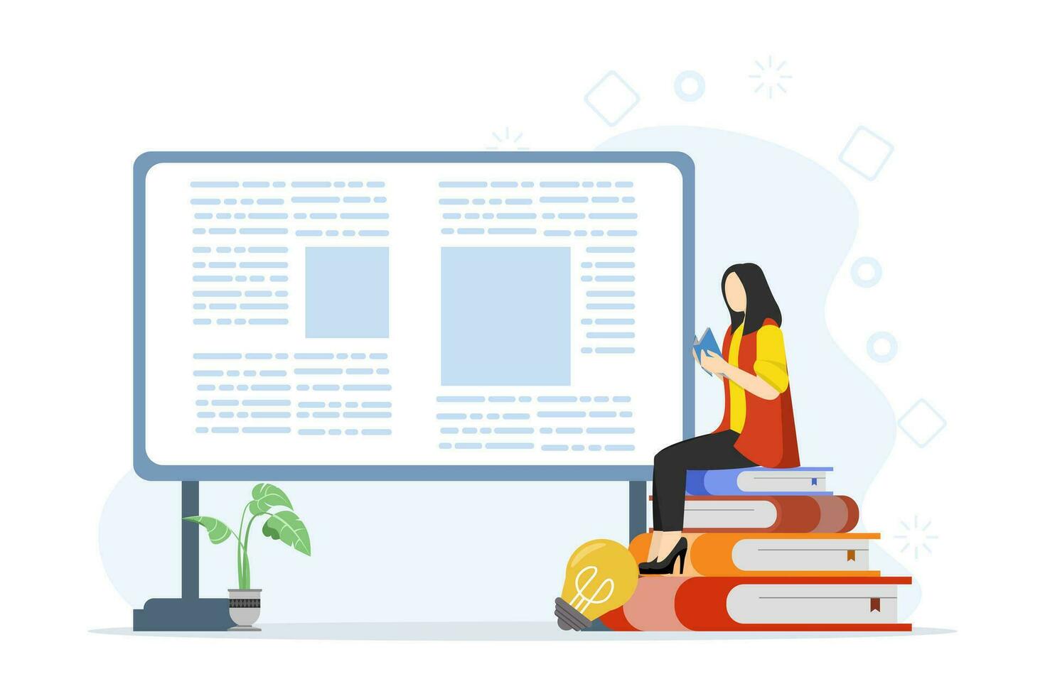Concept of reading books to gain knowledge, intelligence and thinking skills, knowledge or education, online library. vector for website, web page with woman reading a book on a stack of books.