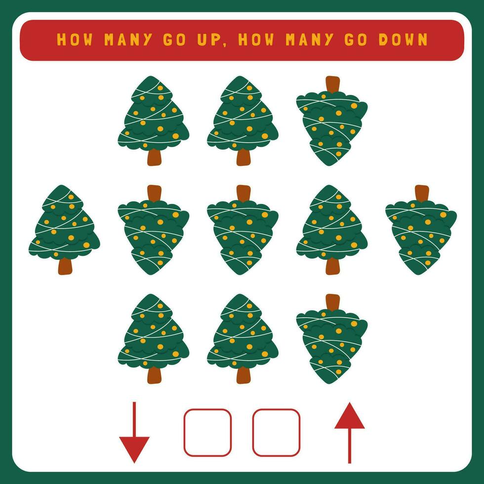 Christmas worksheet how many go up and how many go down. Counting game with cute Christmas objects. Winter activity page vector