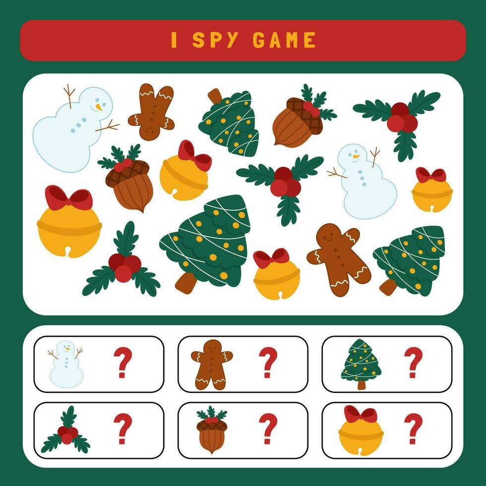 Christmas I spy game for kids. Searching and counting activity for preschool children with cute Christmas objects. Funny winter printable worksheet for kids. Simple holiday spotting puzzle. vector