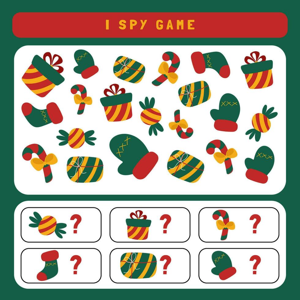 Christmas I spy game for kids. Searching and counting activity for preschool children with cute Christmas objects. Funny winter printable worksheet for kids. Simple holiday spotting puzzle. vector