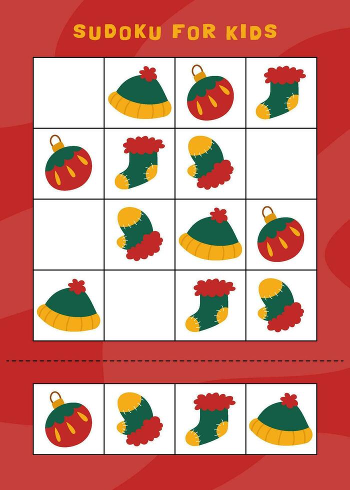 Christmas sudoku game for children with cute objects. Kids activity sheet. Winter activity page. vector