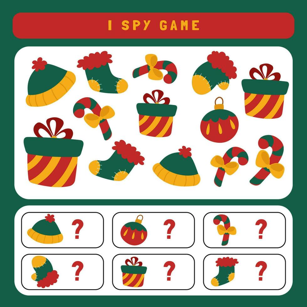 Christmas I spy game for kids. Searching and counting activity for preschool children with cute Christmas objects. Funny winter printable worksheet for kids. Simple holiday spotting puzzle. vector