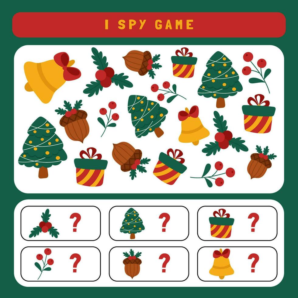 Christmas I spy game for kids. Searching and counting activity for preschool children with cute Christmas objects. Funny winter printable worksheet for kids. Simple holiday spotting puzzle. vector
