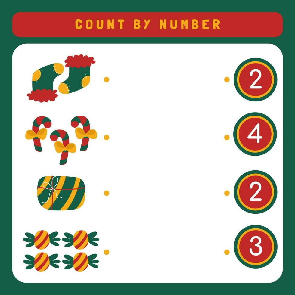 Worksheet for kids counting how many cute Christmas object. Printable Christmas worksheet. Winter activity page vector