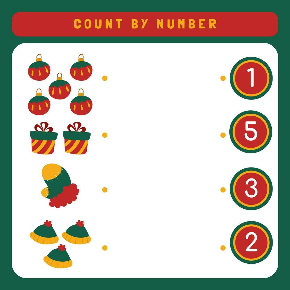 Worksheet for kids counting how many cute Christmas object. Printable Christmas worksheet. Winter activity page vector