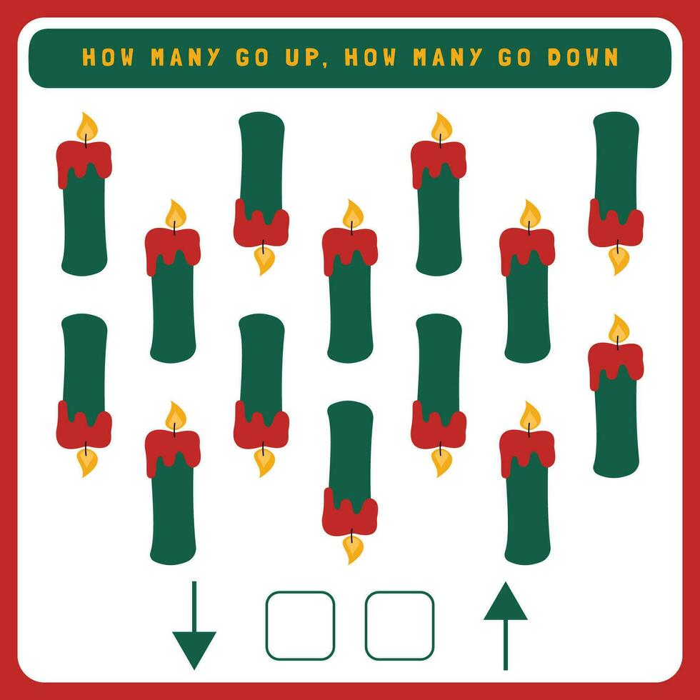 Christmas worksheet how many go up and how many go down. Counting game with cute Christmas objects. Winter activity page vector