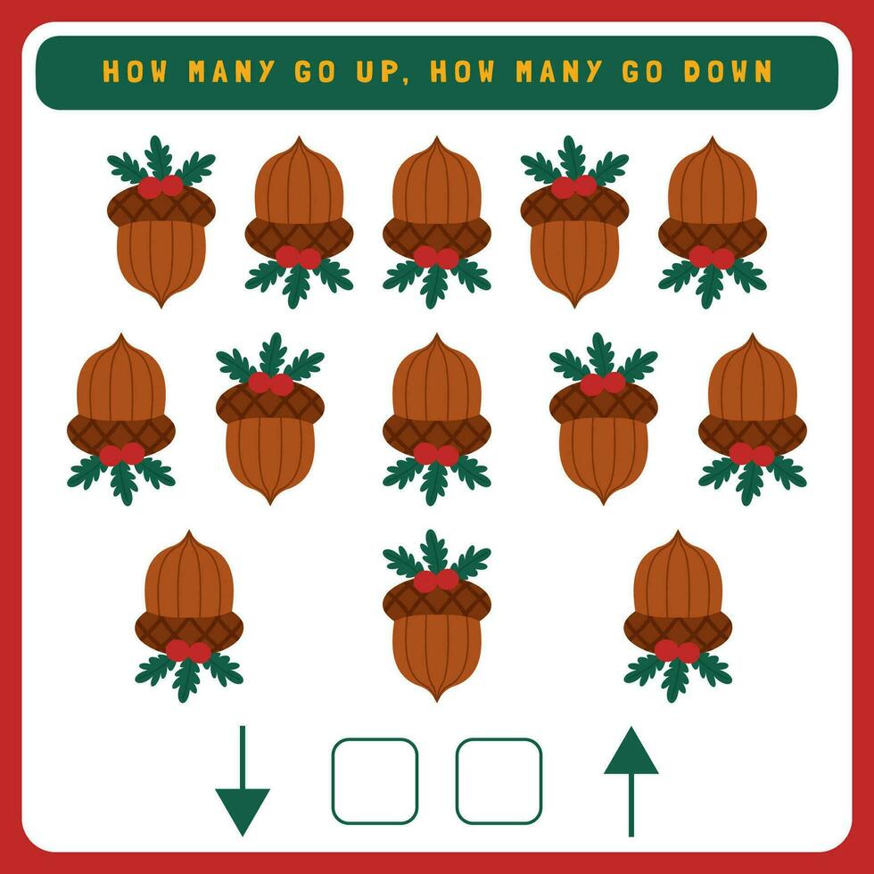 Christmas worksheet how many go up and how many go down. Counting game with cute Christmas objects. Winter activity page vector