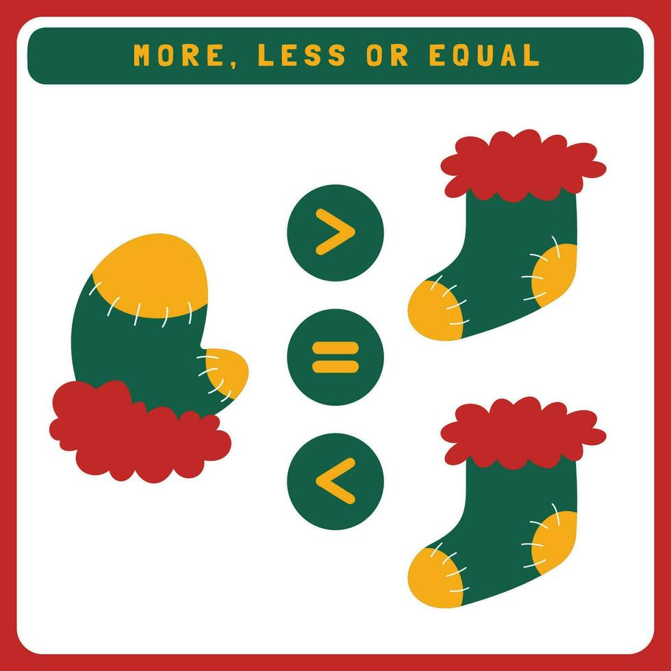 Christmas worksheet for kids more, less or equal. Compare the number of cute Christmas object. New year educational game for kids. vector