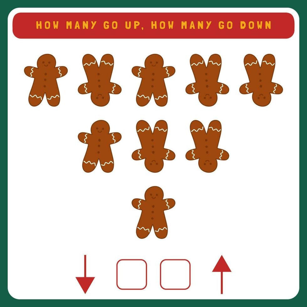 Christmas worksheet how many go up and how many go down. Counting game with cute Christmas objects. Winter activity page vector