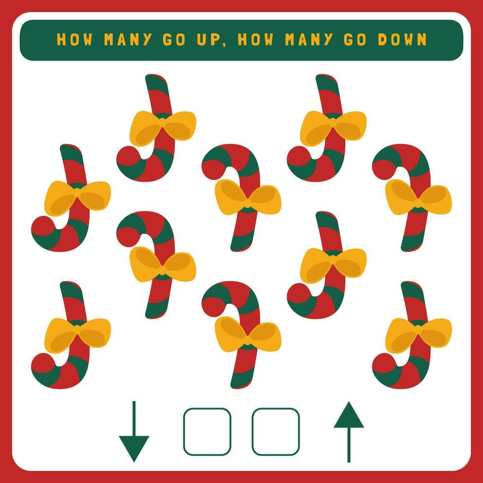 Christmas worksheet how many go up and how many go down. Counting game with cute Christmas objects. Winter activity page vector