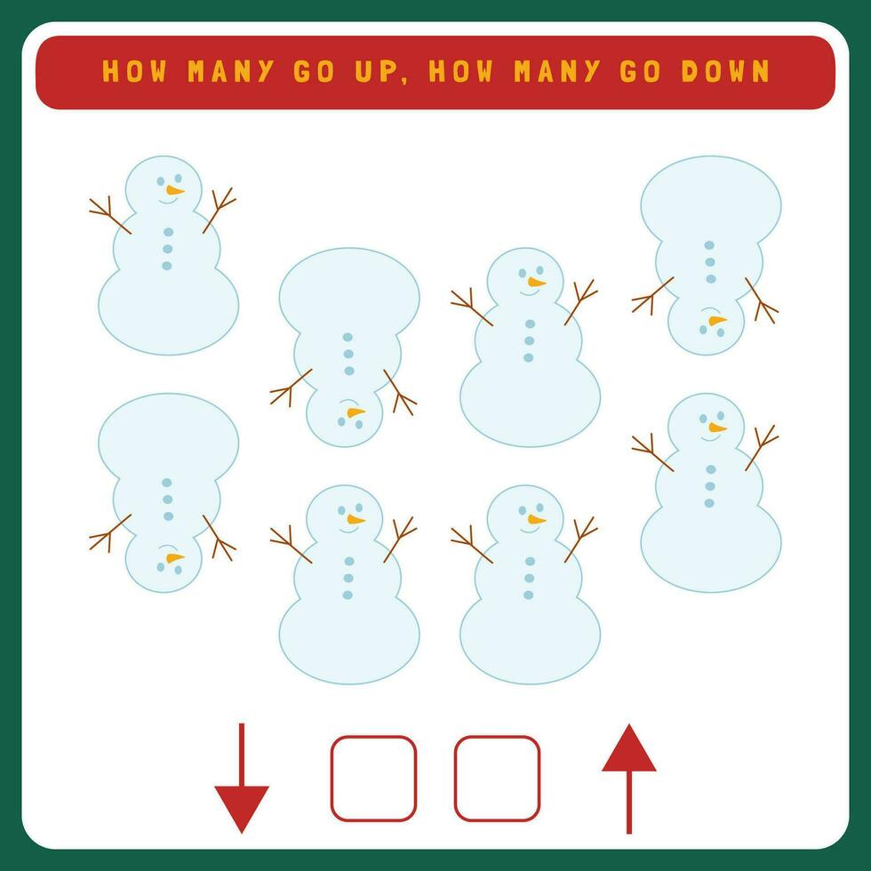 Christmas worksheet how many go up and how many go down. Counting game with cute Christmas objects. Winter activity page vector
