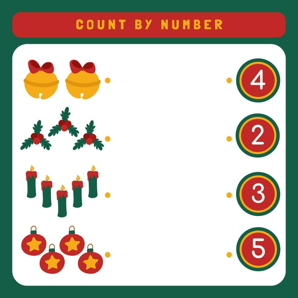 Worksheet for kids counting how many cute Christmas object. Printable Christmas worksheet. Winter activity page vector