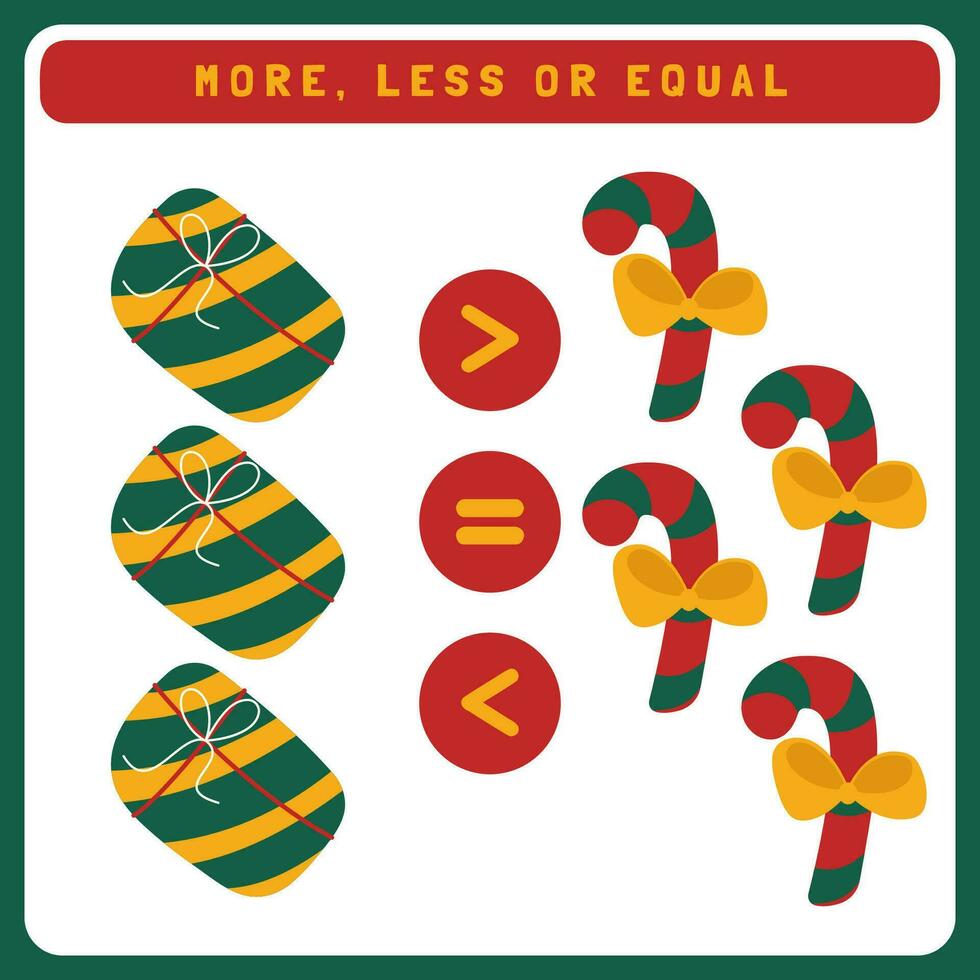 Christmas worksheet for kids more, less or equal. Compare the number of cute Christmas object. New year educational game for kids. vector